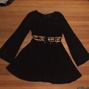 Black mini dress - midriff cutout - bell sleeves